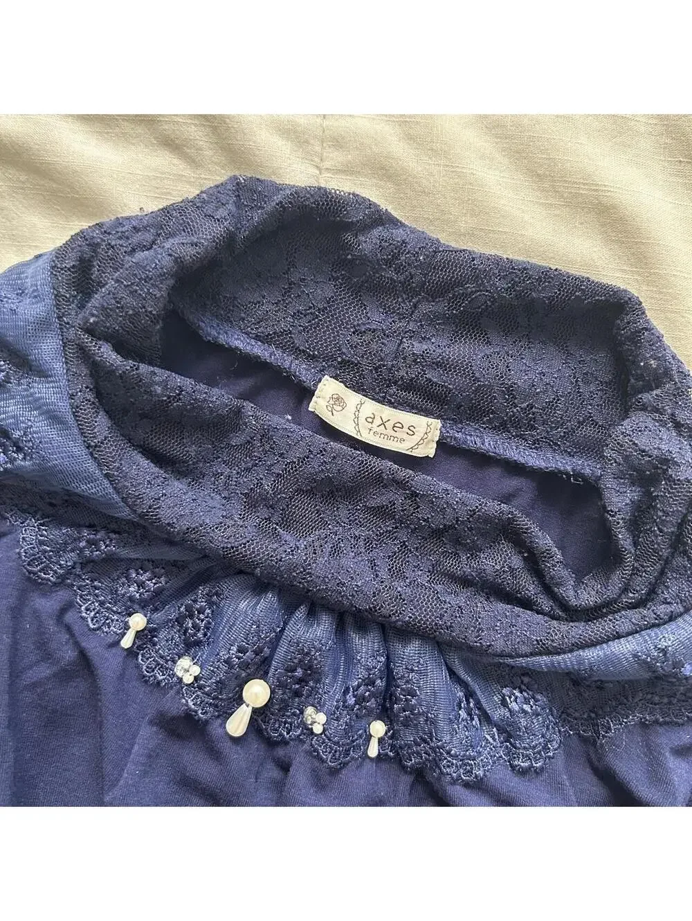 Axes Femme Navy Turtleneck Lace Pearl Ruffle Long Sleeve Top Medium Japan